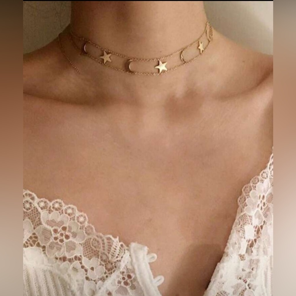 Gold Plated Stainless Steel Star Moon Choker Necklace